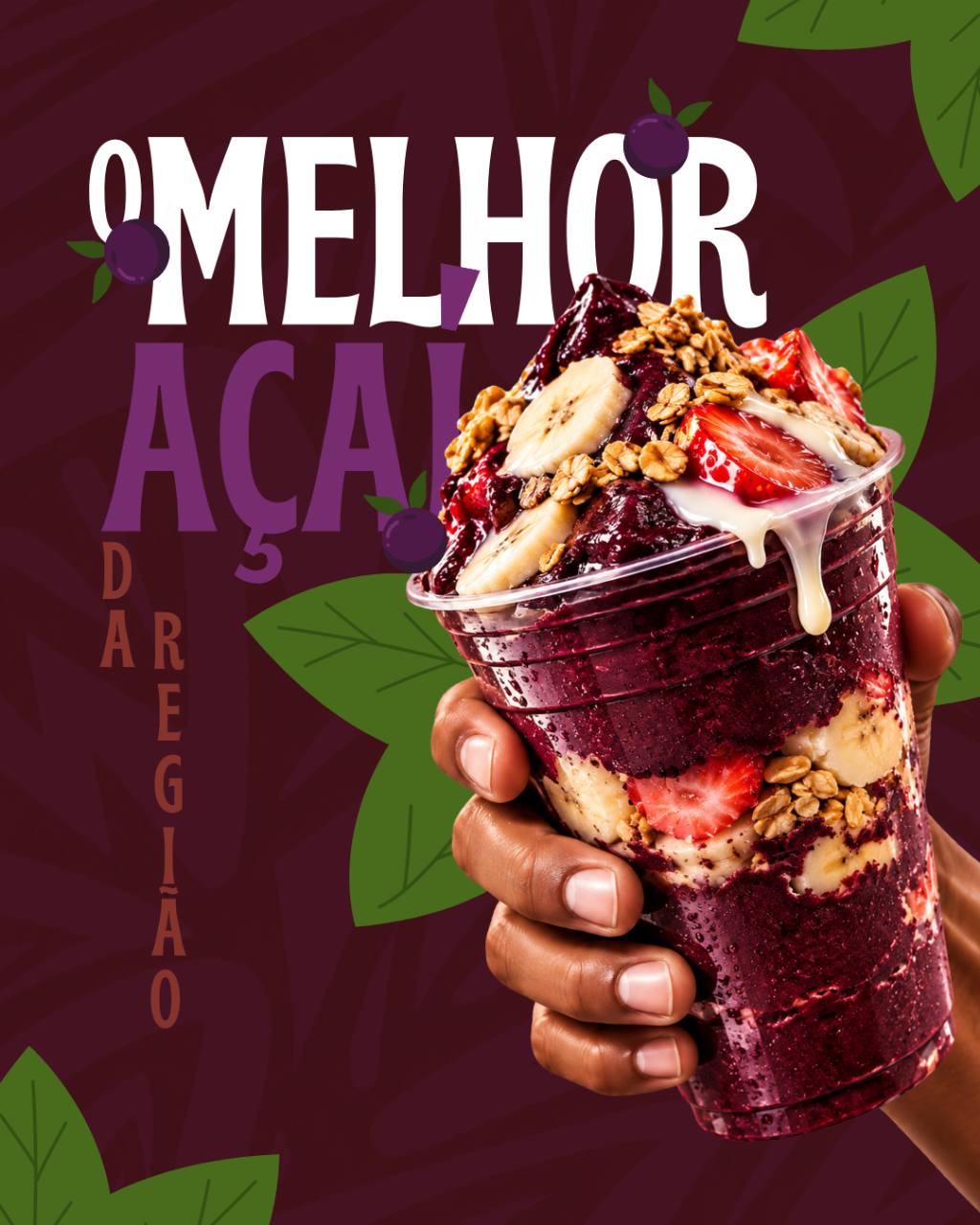 Arte promocional de açaí com frutas e granola, sobre fundo roxo com folhas verdes.