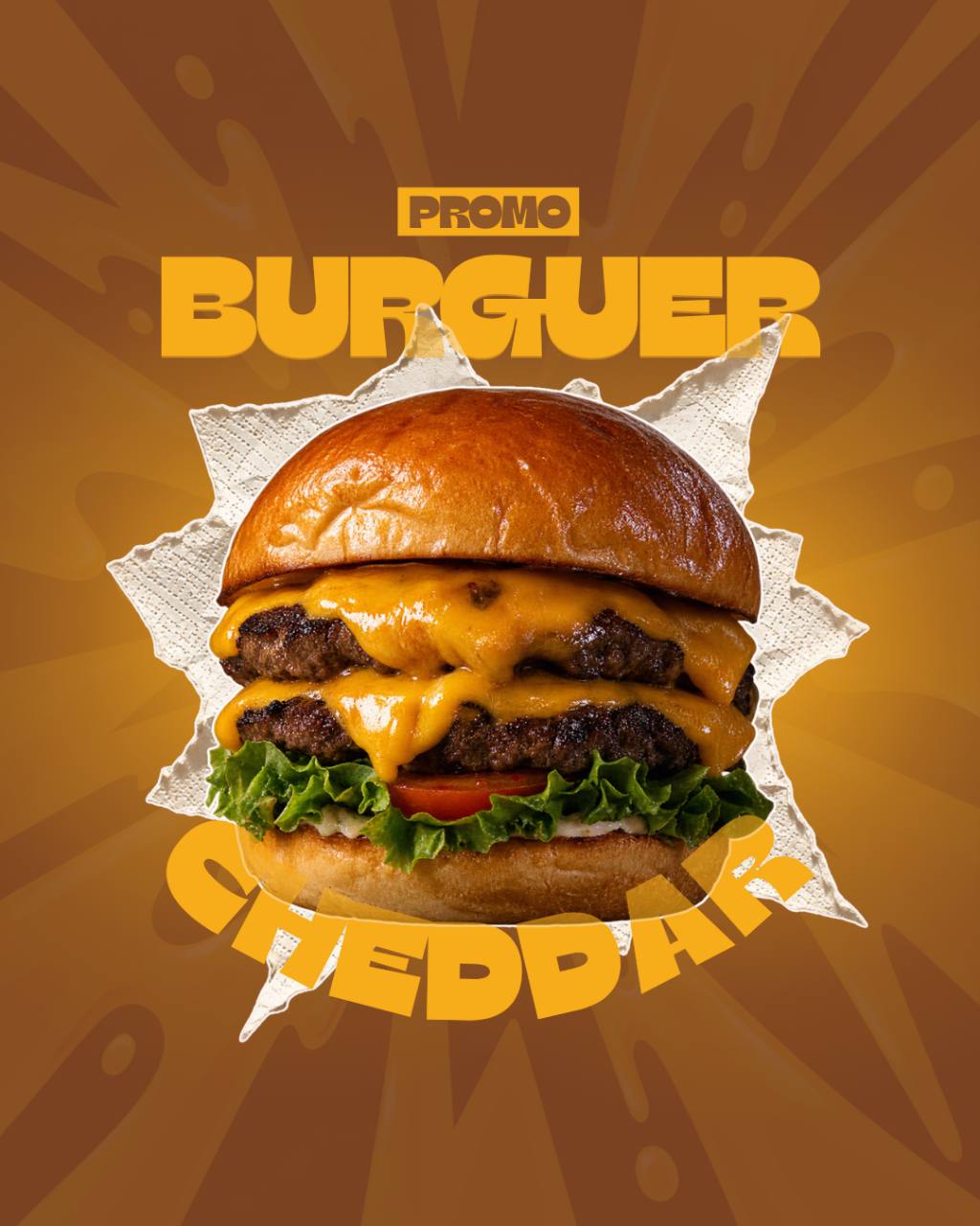 Arte promocional de hambúrguer com cheddar, fundo laranja e composição tipográfica.