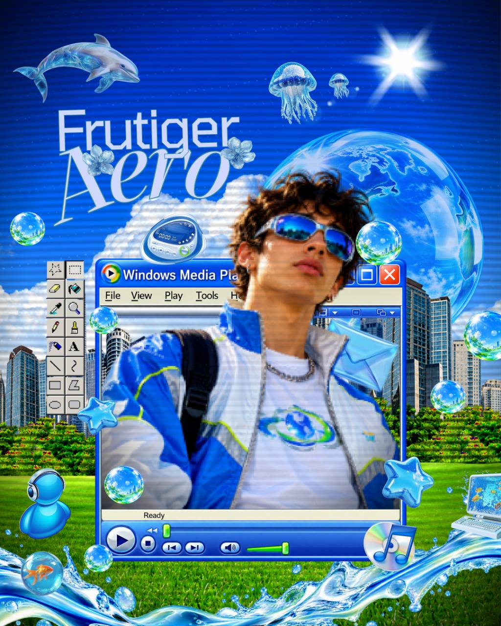 Colagem azul com retrato, elementos aquáticos e referências à estética Frutiger Aero.