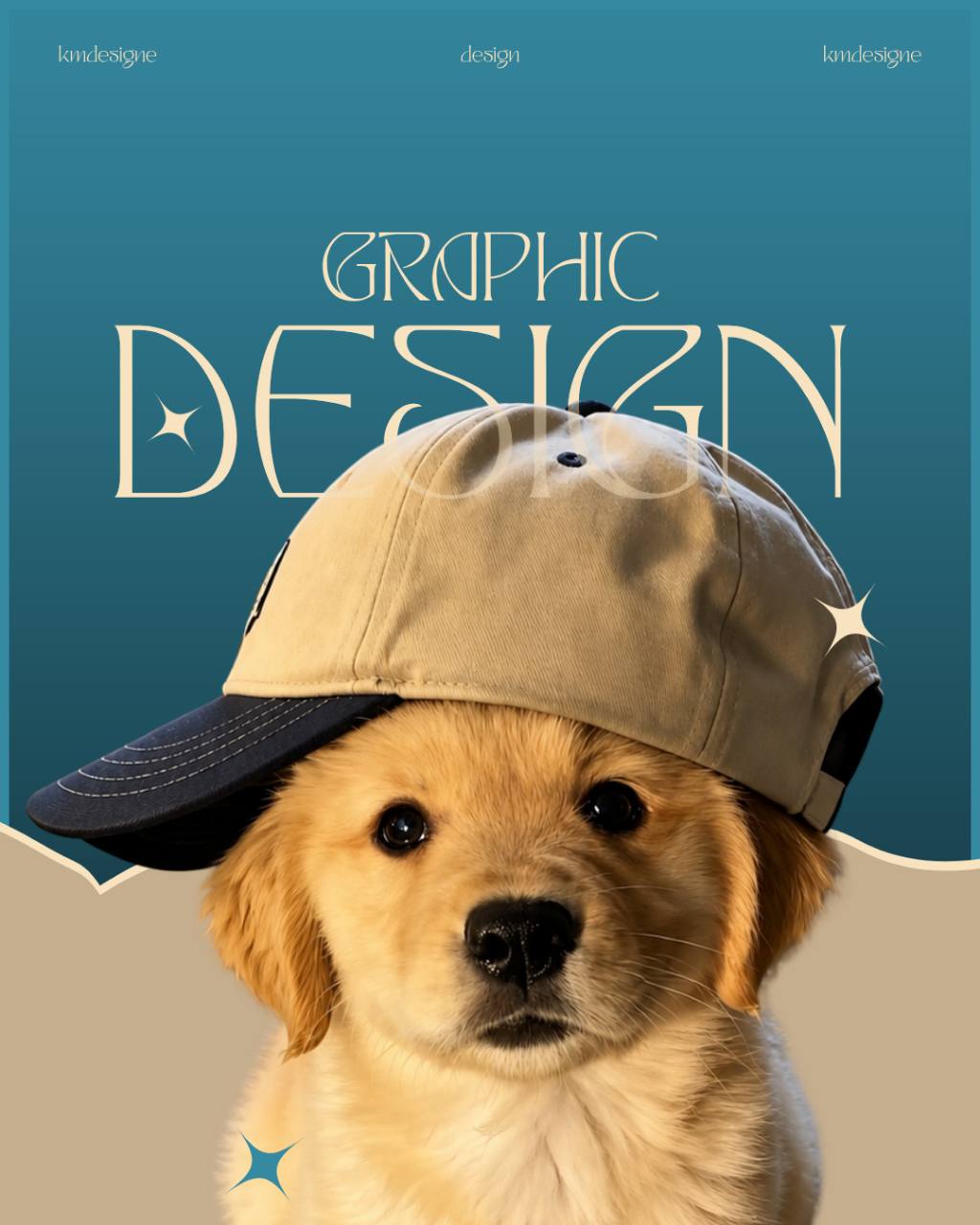 Cachorro de boné em uma composição azul e creme com tipografia Graphic Design.