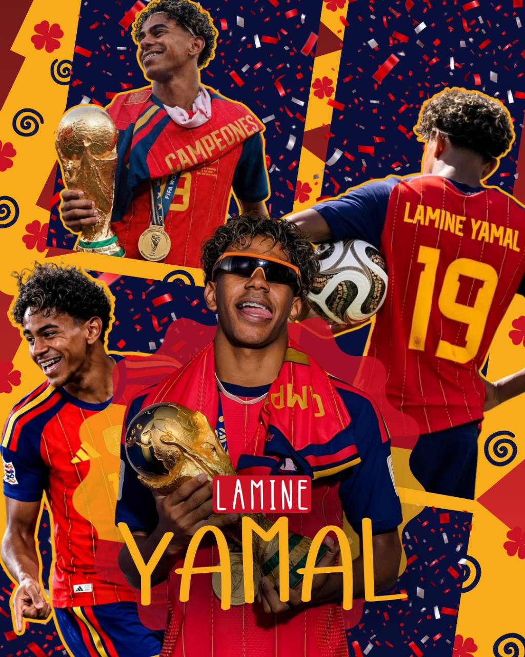 Colagem esportiva de Lamine Yamal em vermelho, amarelo e azul, com troféus e confetes.