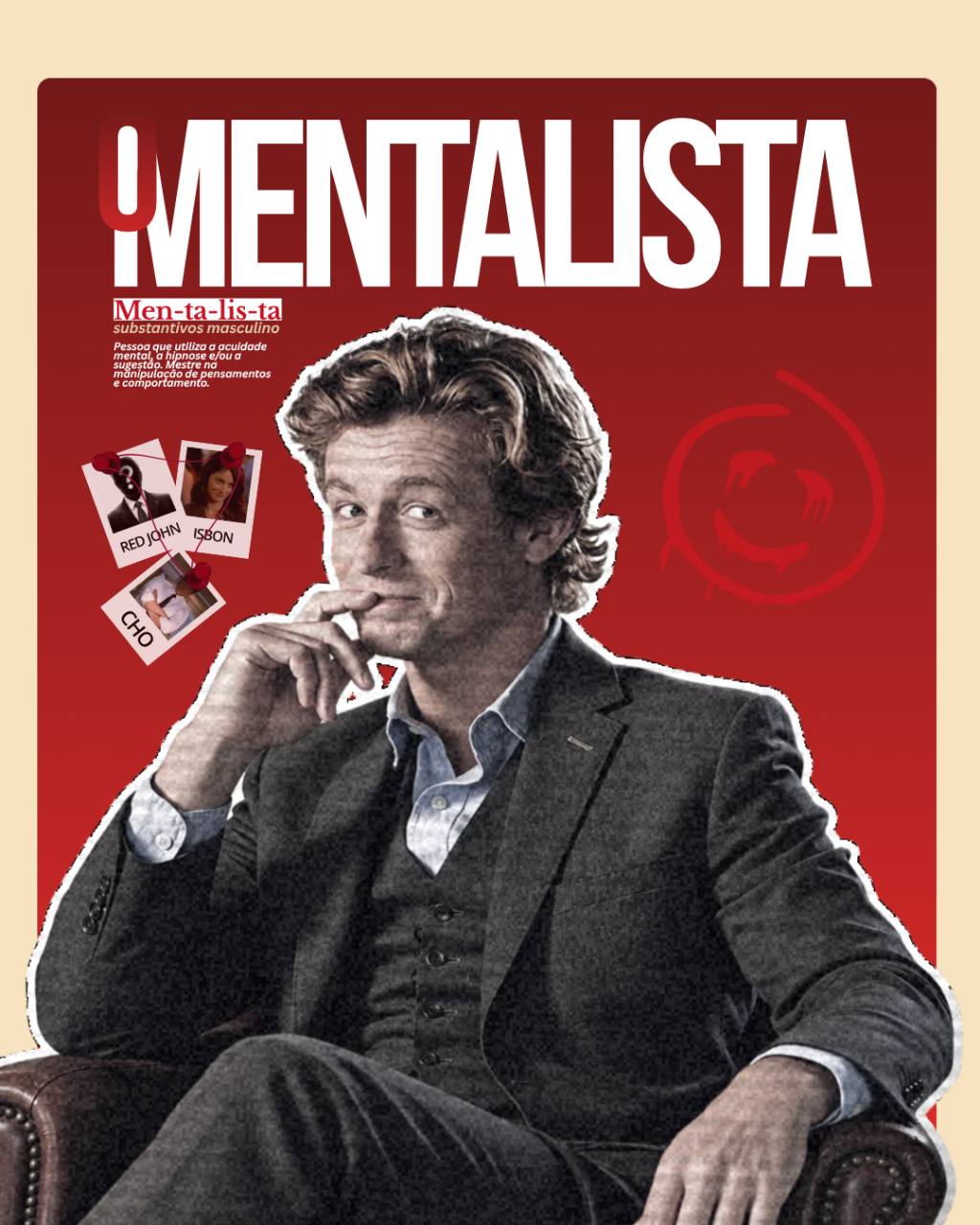 Arte O Mentalista com retrato central, colagens e tipografia sobre fundo vermelho e creme.