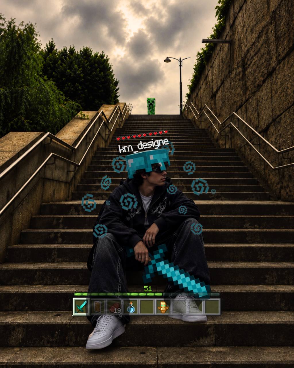 Retrato em uma escadaria com elementos visuais inspirados em Minecraft.
