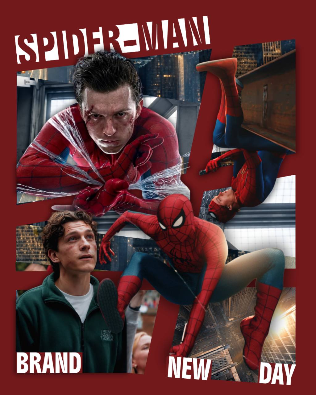 Colagem do Homem-Aranha sobre fundo vermelho com a frase Brand New Day.