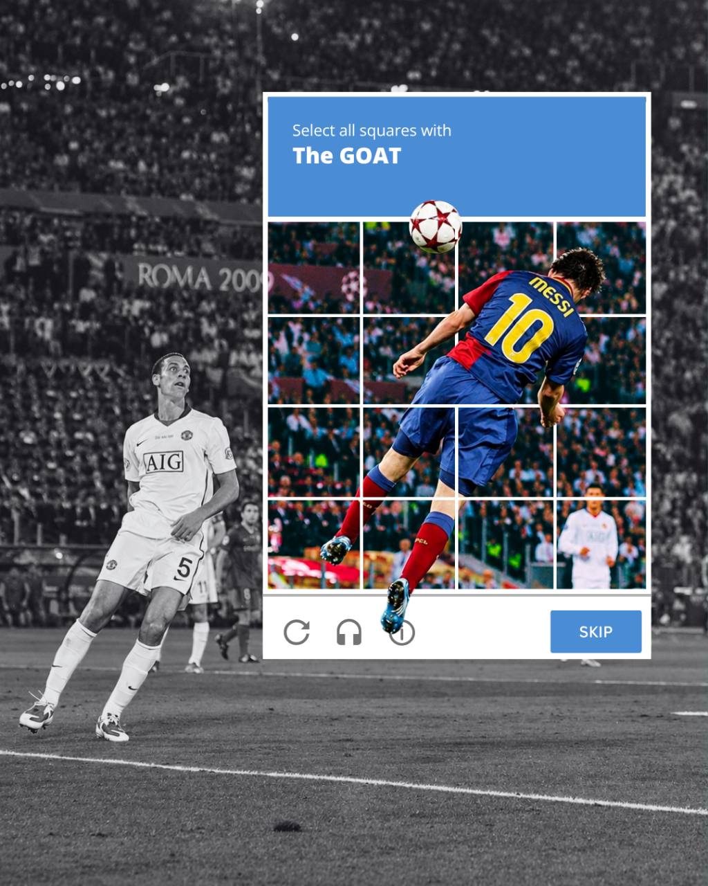 Composição de futebol com Messi em destaque em uma grade e Cristiano Ronaldo ao fundo.