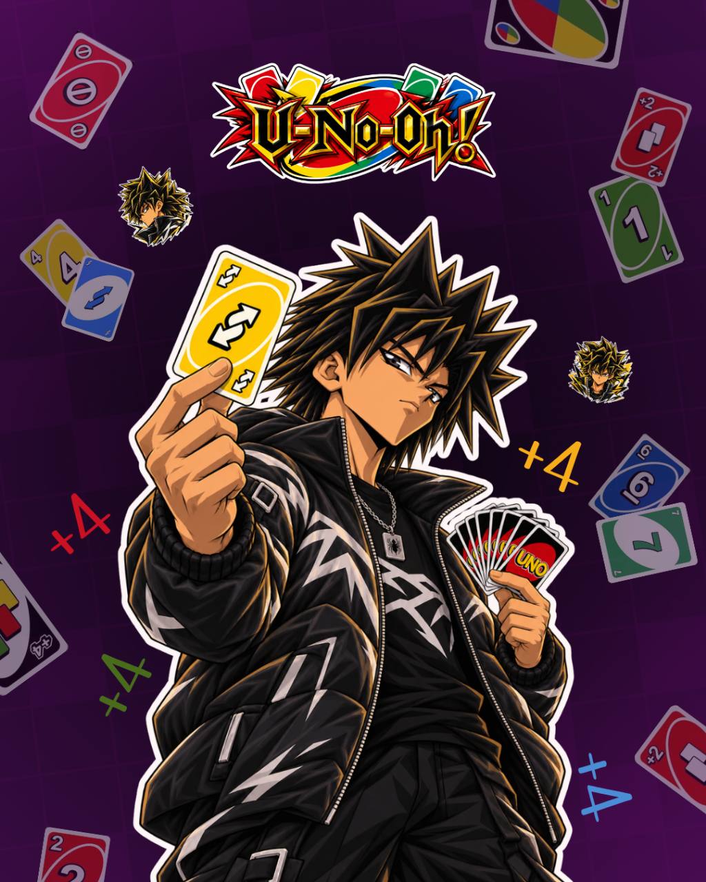 Composição de personagem de anime com cartas de UNO sobre fundo roxo.