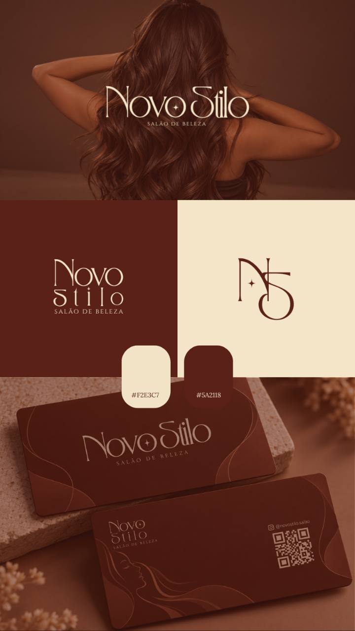 Apresentação da identidade Novo Stilo: logotipo, monograma, cores creme e marrom e cartões de visita