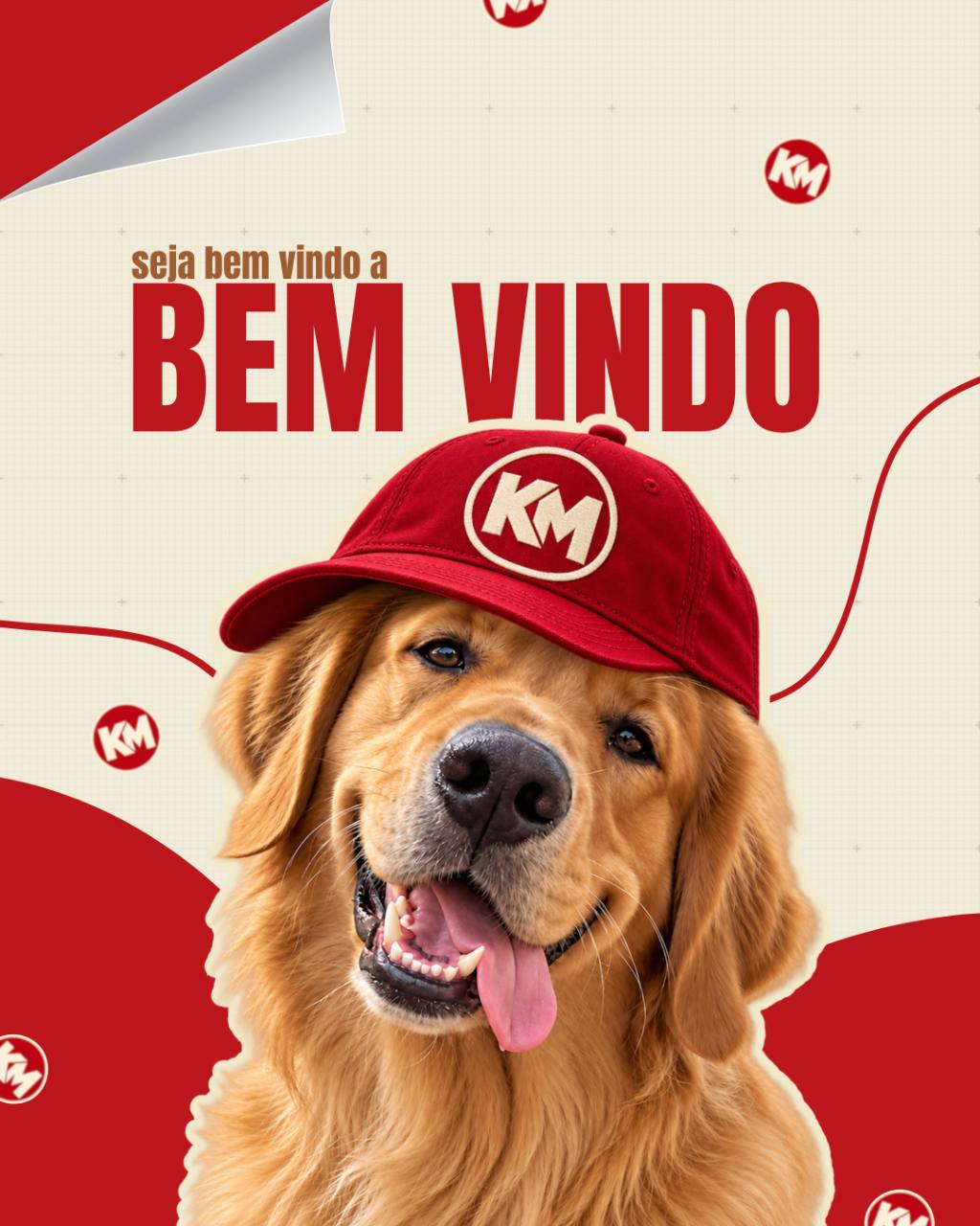 Boas-vindas à KM Visual: cachorro com boné vermelho da KM sobre fundo creme e vermelho